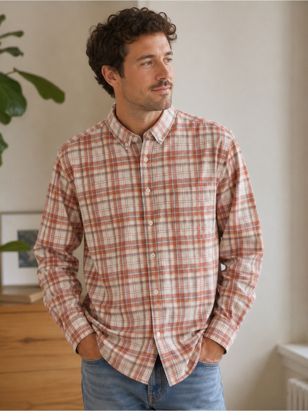Frank & Oak Men L Plaid Cotton Button Down Shirt Rust Cream Blue Fall Cabine